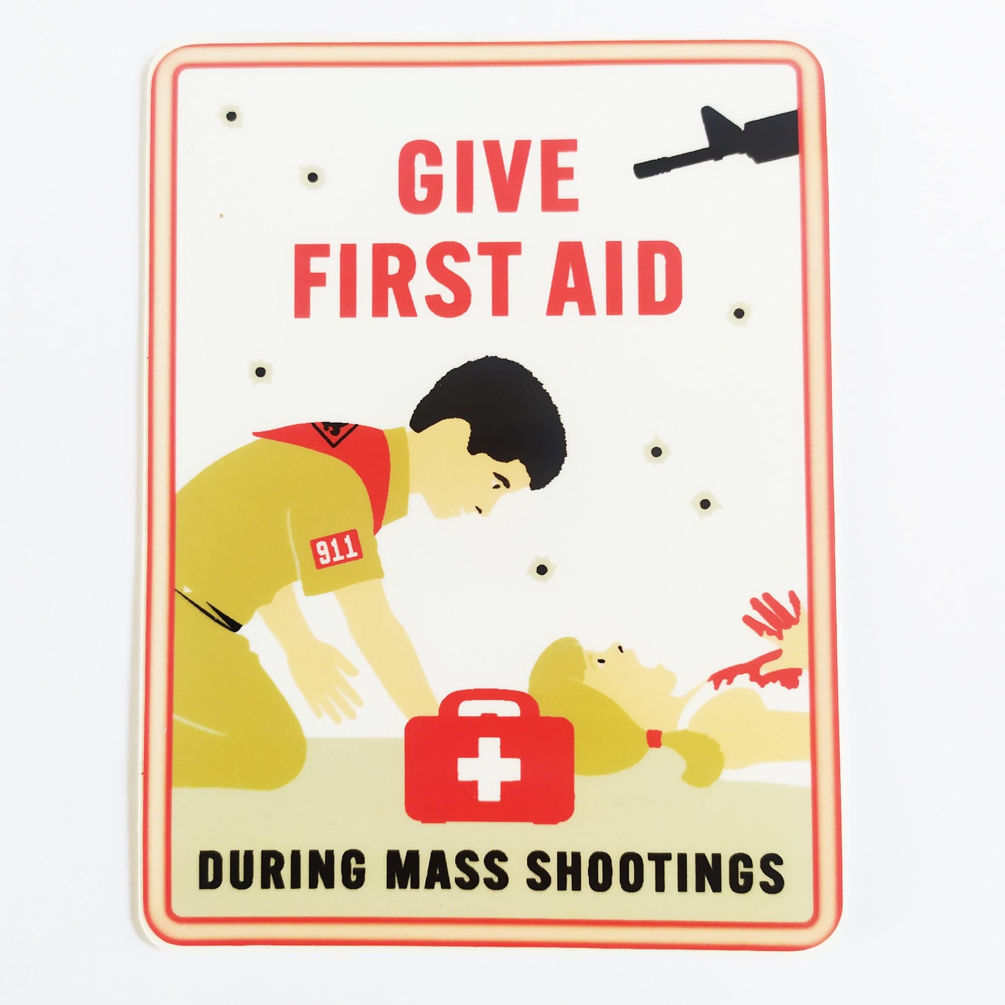 StrangeLove Skate Sticker - "Give First Aid During Mass Shootings" - SkateboardStickers.com