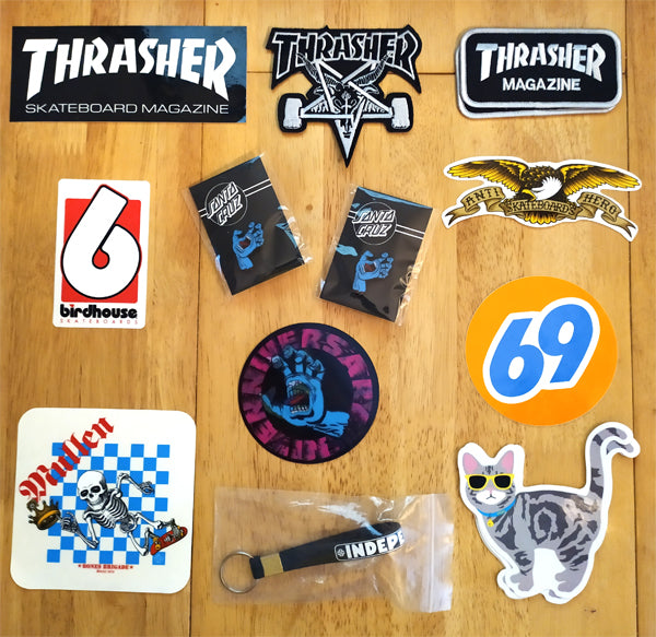 Stickers, Patches, Pins and Keyrings back in from Thrasher, Santa Cruz, Powell, Independent