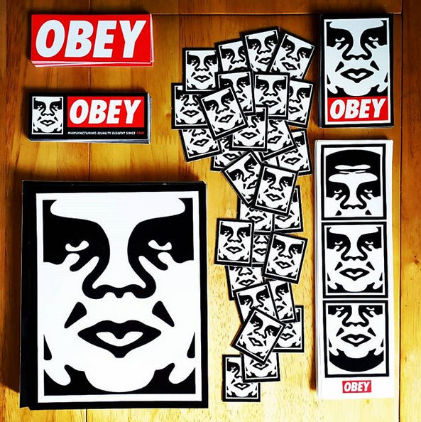 A bunch of classic Obey Stickers back in stock on and online now.