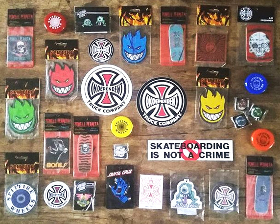 Skateboarding Is Not A Crime Stickers plus Air Fresheners, Pins, Coin Pouches - Powell, Indy, Spitfire, Santa Cruz