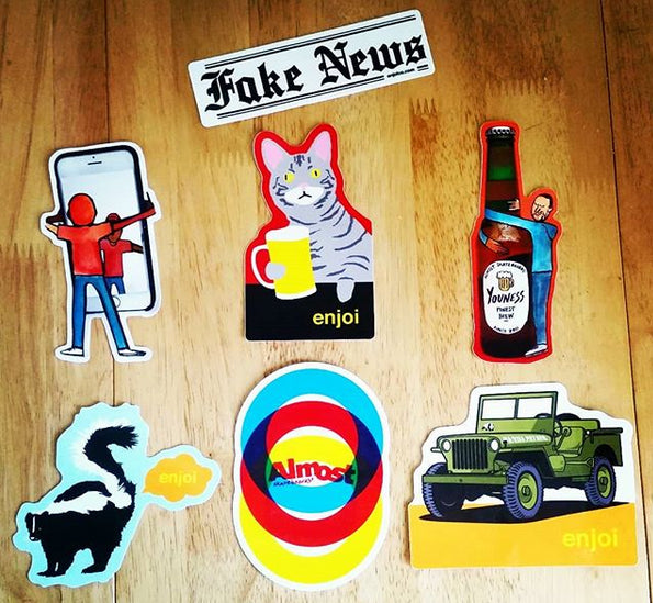 Brand New Skate Stickers from Enjoi - Fake News, Sticky Selfie, Drinking Buddie, Happy Youness, Skunk Fart, Propaganda, Panda Patrol.