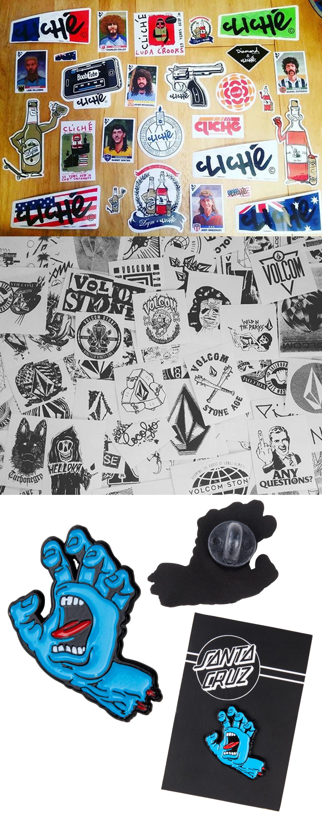 New Skate Stickers from Cliche and Volcom, plus Santa Cruz Screaming Hand Pins!