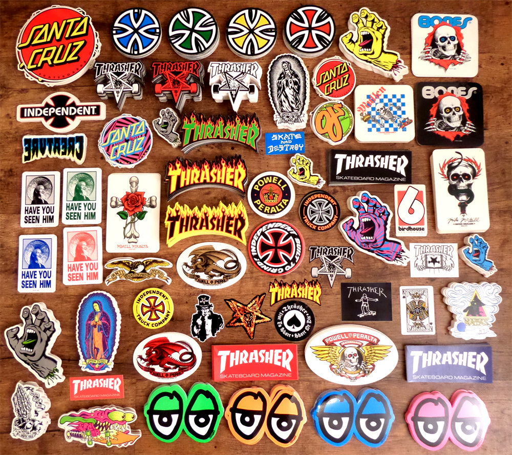 Hefty restock of Stickers from Santa Cruz, Powell Peralta, Indy, OJ Wheels, Thrasher, Krooked, Anti Hero, Creature and Birdhouse.