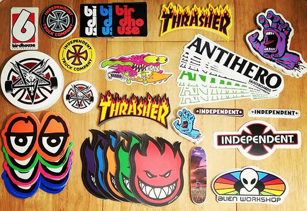 New skateboard stickers just added plus more back in from Thrasher, Santa Cruz and more.