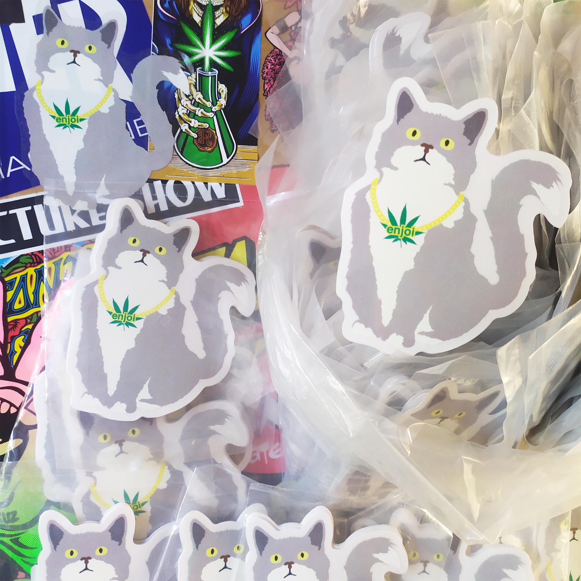 Enjoi Skateboards Stickers - 10 x "Weed Cat" Stickers Pack Bundle SEALED - SkateboardStickers.com