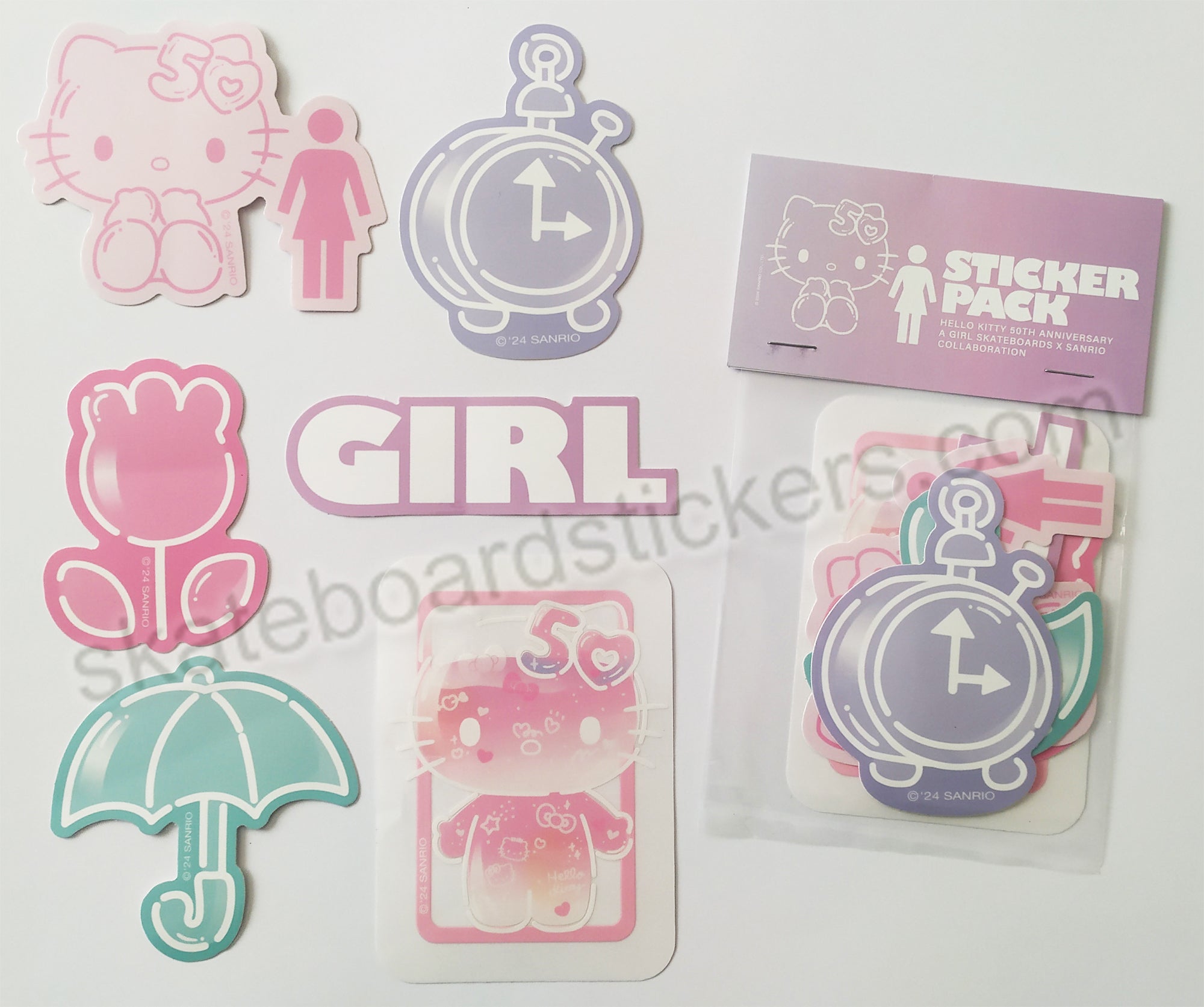 Hello Kitty 50th Anniversary - A Girl Skateboards X Sanrio Collaboration Skate Sticker Pack - SkateboardStickers.com