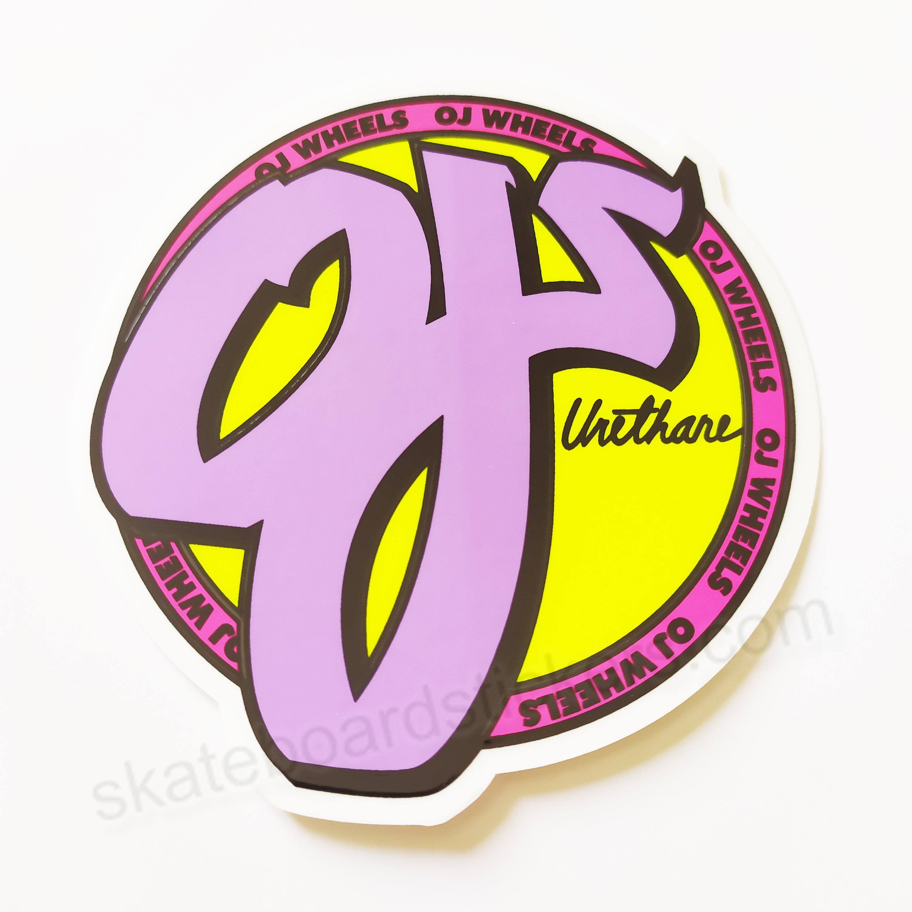 OJ Wheels - Purple/Yellow Skateboard Sticker - 8cm across approx - SkateboardStickers.com