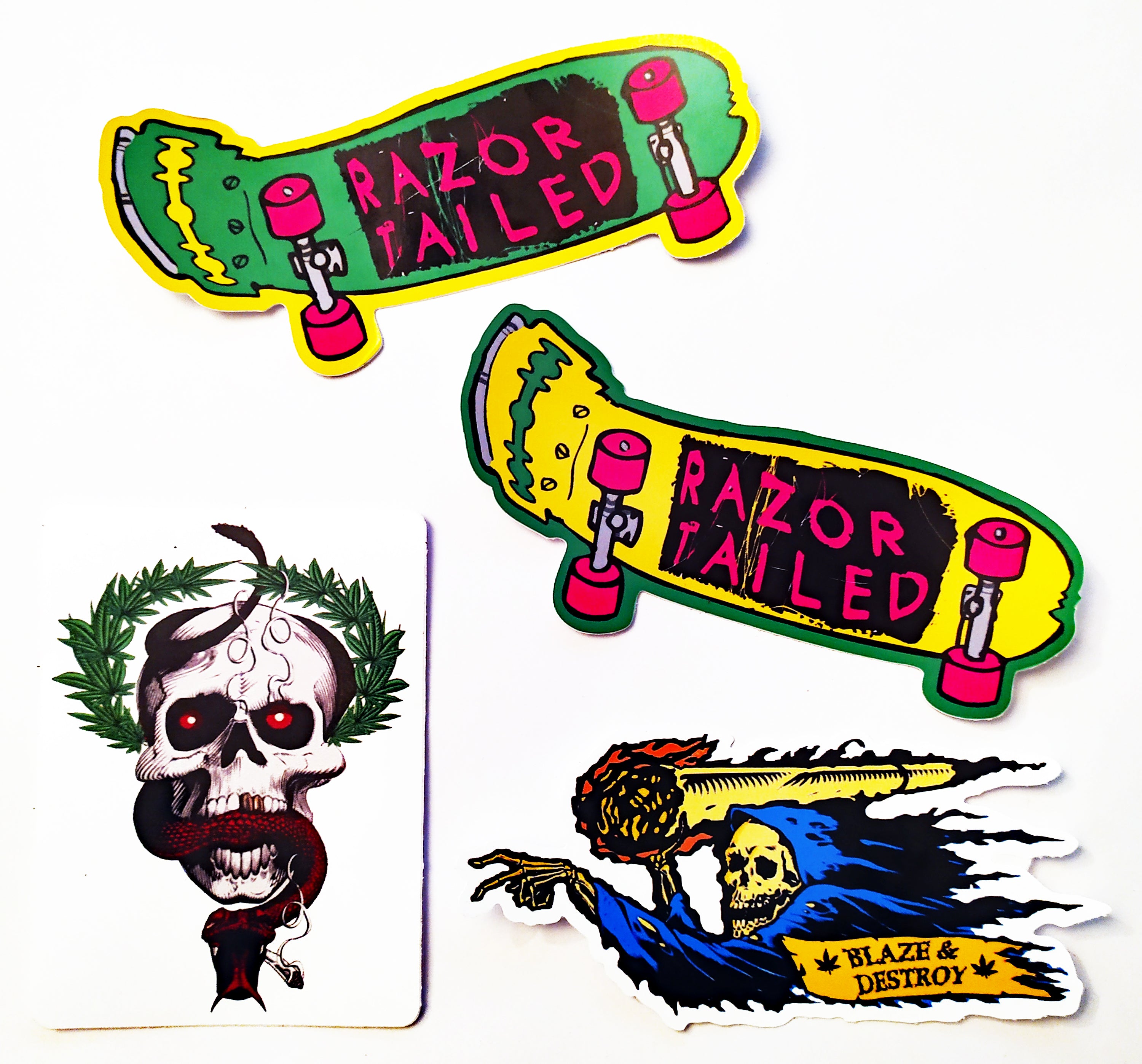 Razortailed Stickers set of 4, including "Mike McChill" & "Blaze & Destroy" - SkateboardStickers.com