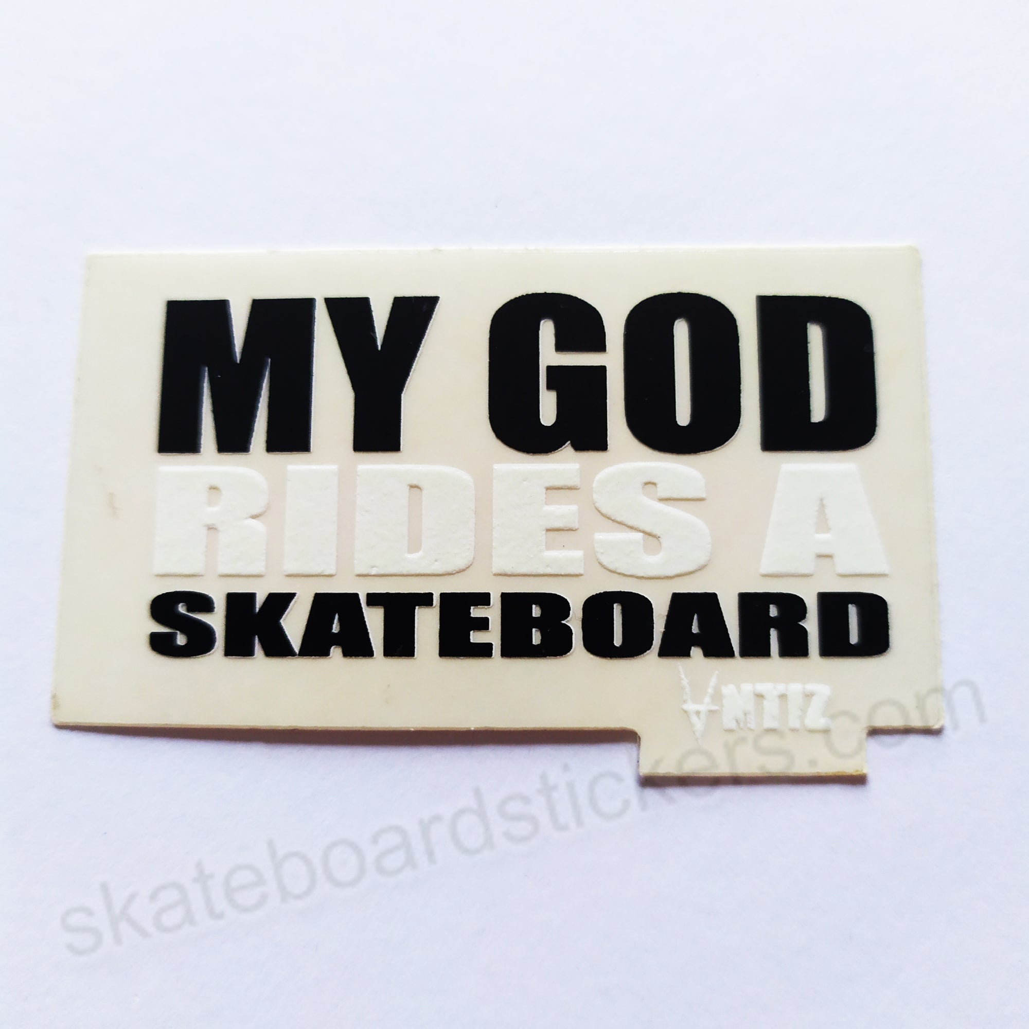 Antiz Skateboard Sticker "My God Rides A Skateboard" - SkateboardStickers.com