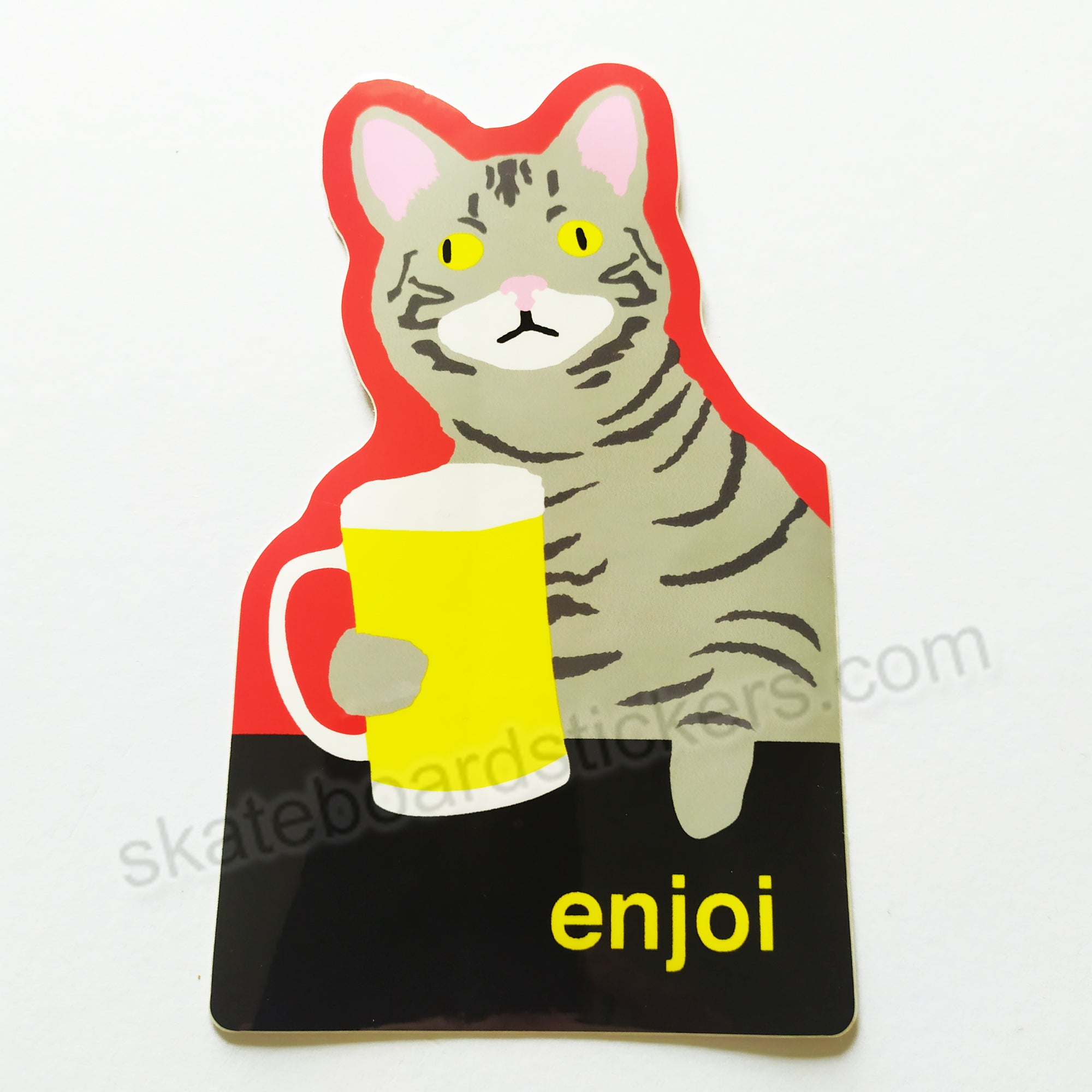 Enjoi Skateboard Sticker - "Drinking Cat" - SkateboardStickers.com